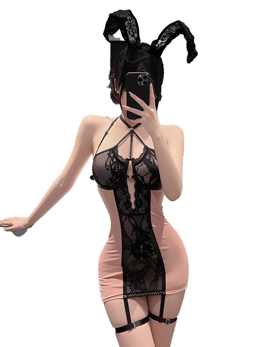 Lace Teddy Lingerie - Jimiko – różowa i czarna koronkowa